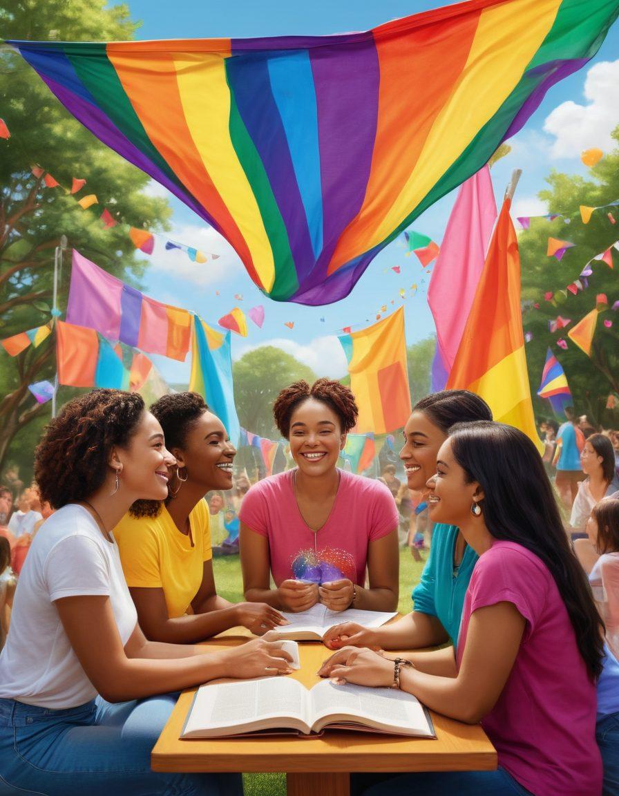 A lively and colorful scene depicting diverse women of different backgrounds connecting and engaging in conversation, surrounded by symbols of pride such as rainbow flags and hearts. Include elements representing support and resources like books, workshops, and community events in a vibrant park setting. The background should be bright and inviting, emphasizing inclusivity and empowerment. vibrant colors. super-realistic.