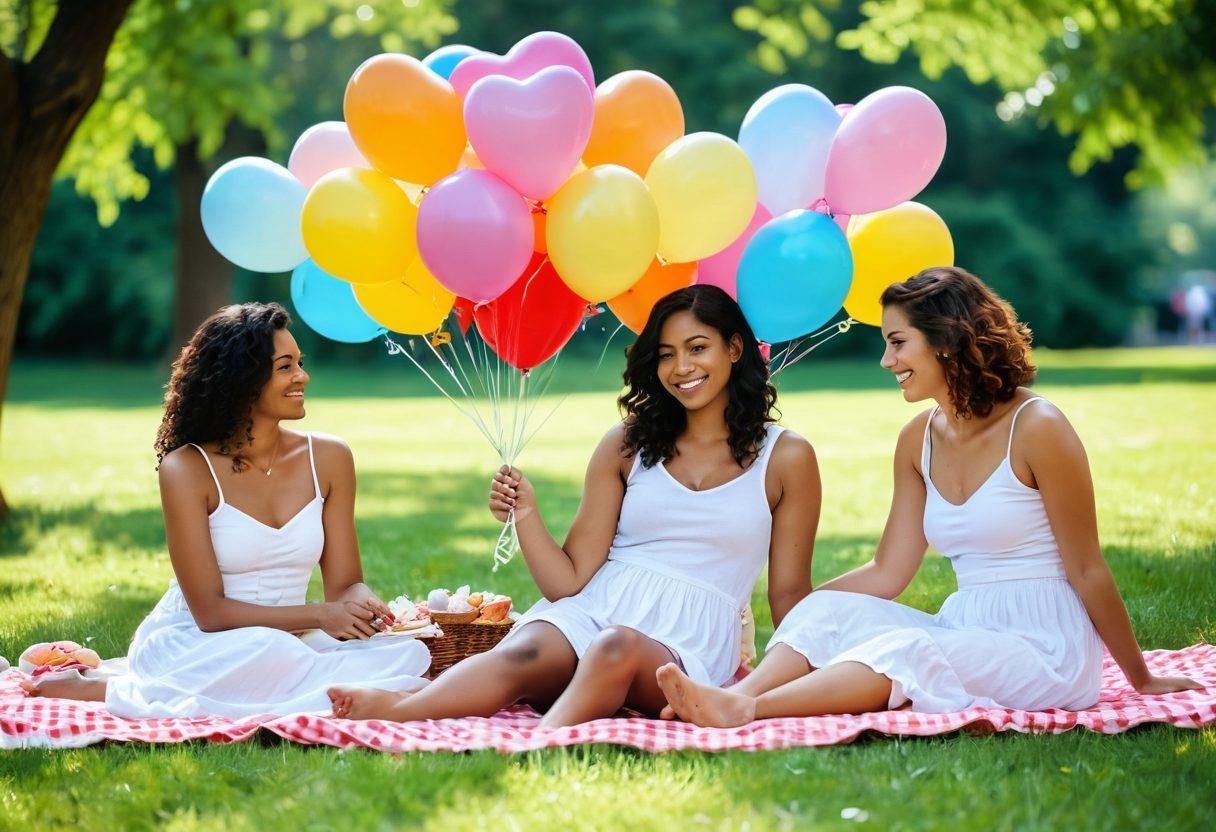 A warm and inviting scene showcasing a diverse group of lesbian couples celebrating love, surrounded by colorful balloons and heart-shaped decorations. Include a picnic setup with a beautifully arranged table full of desserts and flowers, set in a sunny park with lush green trees. Highlight the joy and connection between the couples, capturing candid moments of laughter and affection. Use vibrant colors and a soft, dreamy atmosphere to evoke feelings of love and support. watercolor painting. vibrant colors. soft focus.