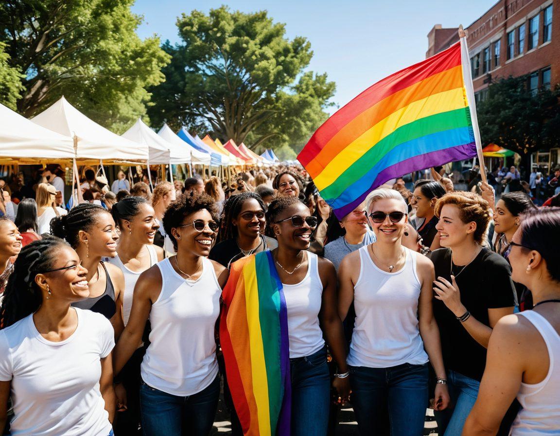 A vibrant, welcoming community gathering featuring diverse lesbian couples and individuals engaging in conversation and celebration, surrounded by rainbow flags and symbols of pride. The atmosphere should be filled with joy and empowerment, showcasing unity and support within the LGBTQ+ network. Incorporate scenic urban elements like a park or street fair, with warm sunlight illuminating the scene. vivid colors. 3D.
